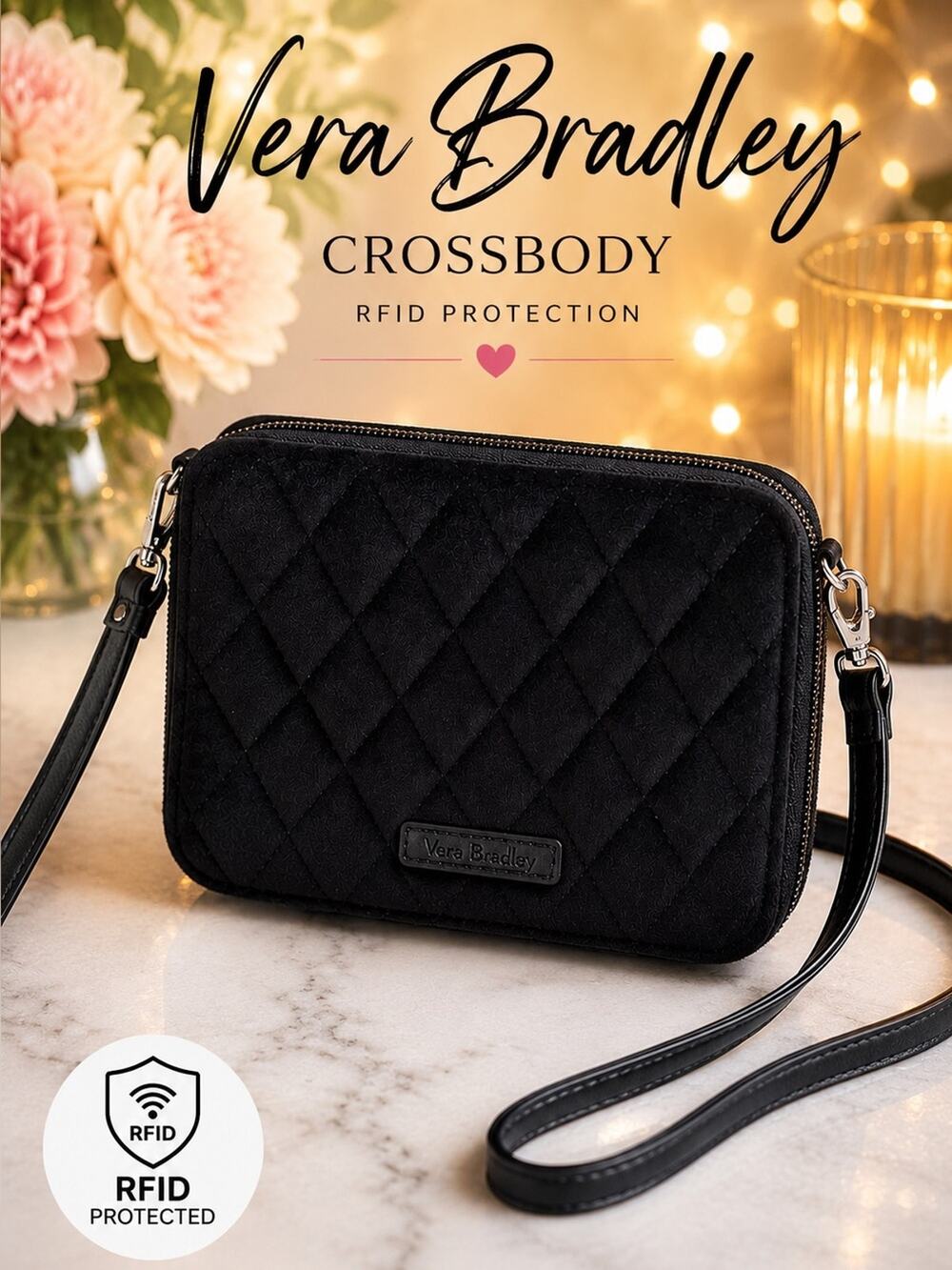 Vera Bradley RFID Black Velvet Crossbody Wallet Bag NWOT